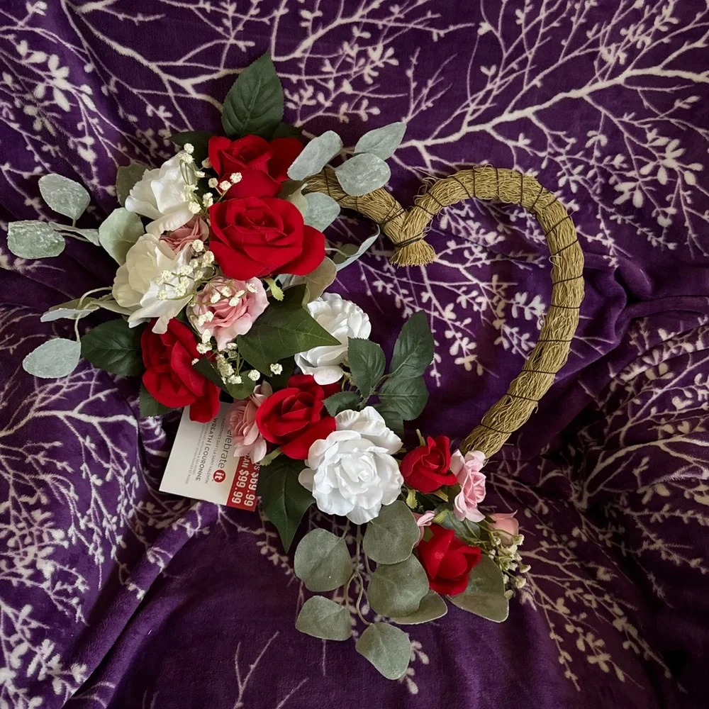 Heart-Shaped Floral Wreath with Red and White Roses